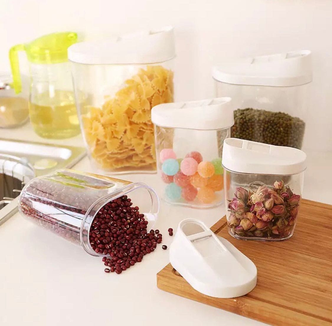 Set Of 5 Food Grade Plastic Food Sealed Cans, Cereal Containers Storage Set, Transparent Food Stuff Canister Keep Fresh Jar Set Set Of 5 Food Grade Plastic Food Sealed Cans, Cereal Containers Storage Set, Transparent Food Stuff Canister Keep Fresh Jar Set